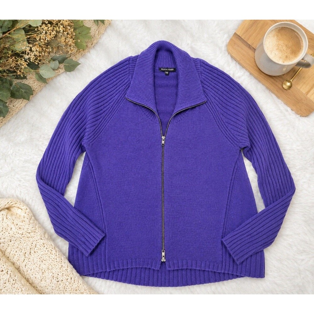 Eileen Fisher Sweater Cardigan SZ Medium Merino Wool Purple Long Sleeve Zip Up